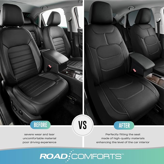 Road Comforts Seat Covers, Premium Leather Car Seat Covers Front Seats,Airbag Compatible, Automotive Seat Covers Universal Fit Most Cars,Vans,Truck,SUV Black