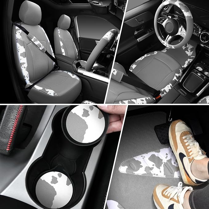 CAR PASS Cow Print Faux Leather Car Seat Covers & Cow Car Mats & Cow Steering Wheel Cover Seat Belt Pads Universal fit for SUV,Van,Saden,Truck Cute Car Accessories Automobile Interior Sets All Gray