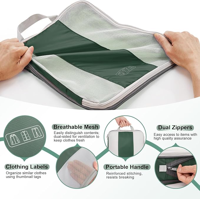 OlarHike 10-Pack Compression Packing Cubes for Travel Essentials,Compressible Expandable Packing Cubes for Suitcase,Luggage Garment Bags for Travel,Handy Helper for Organizing Clothes(Dark Green)