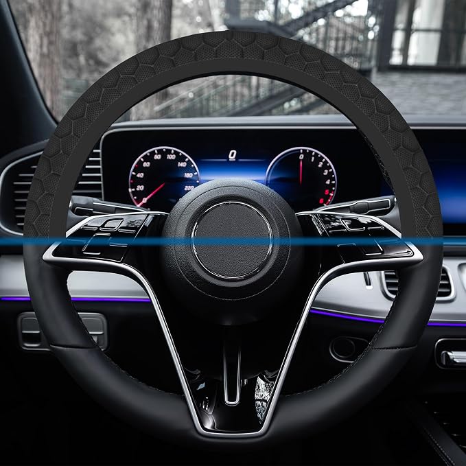 Car Steering Wheel Cover, 14.5"-15" Inch Universal Anti-Slip DurableSteering Wheel Protective Cover, Breathable Auto Interior Decoration Accessories for Sedan SUV Truck (Black Honeycomb)
