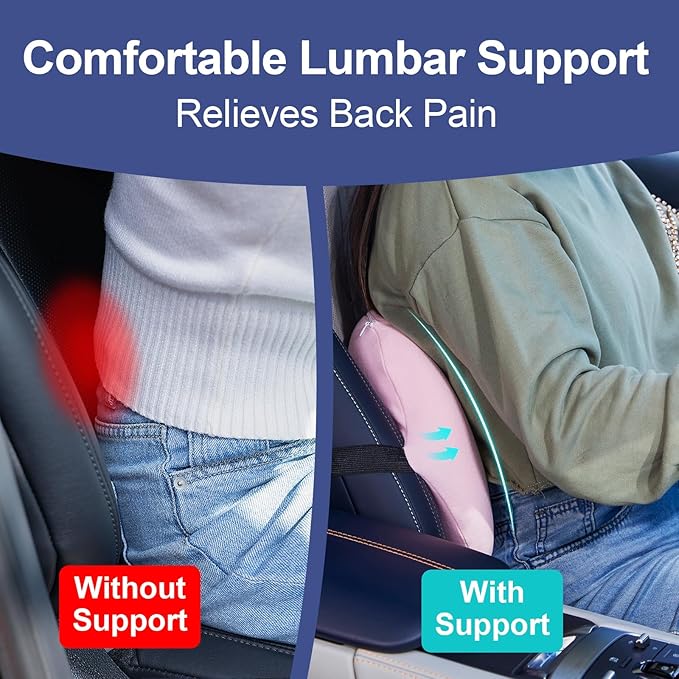 BYMECOST Lumbar Support Pillow for Car, Memory Foam Car Seat Back Support Pillow for Driving, Back Cushion with Strap for Pain Relief, Ergonomic Back Cushion for Office Chair, Wheelchair (Pink)