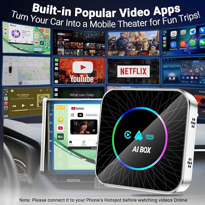 AI Box Carplay, 4+32GB Car Video Box for Netflix/YouTube/TikTok/TF Card & HDMI Output Streaming Magic AI Box Wireless CarPlay Adapter with Ambient Light, Fits for OEM Wired Car Play Cars