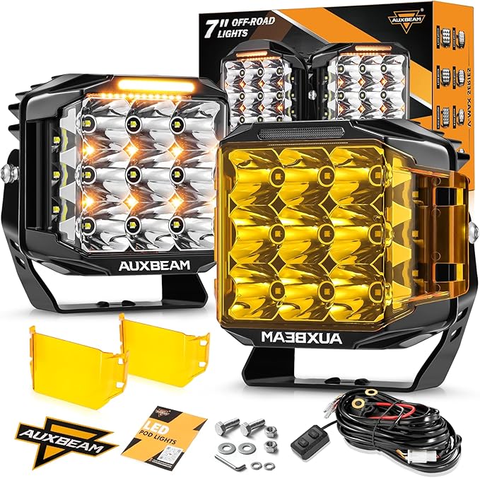 Auxbeam 7 Inch LED Pod Lights, V-MAX Series Offroad Driving Cube Lights with Amber DRL& Backlight, 228W Super Bright Spot Flood Combo Beam Universal Auxiliary Ditch Light with Amber Cover, 2PCS