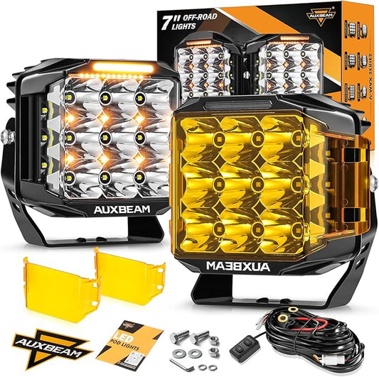 Auxbeam 7 Inch LED Pod Lights, V-MAX Series Offroad Driving Cube Lights with Amber DRL& Backlight, 228W Super Bright Spot Flood Combo Beam Universal Auxiliary Ditch Light with Amber Cover, 2PCS