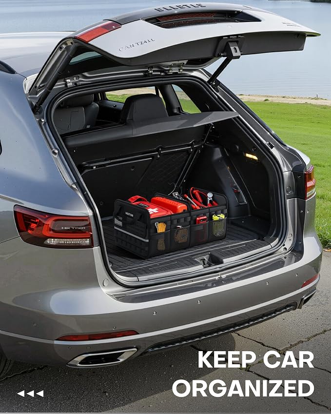 HOTOR Tactical Car Trunk Organizer - Foldable Trunk Organizer for SUV with Front MOLLE Pocket & Reflective Strips, Essential Car Accessories for Tools & Outdoor Storage, 15.0" x 23.6" x 11.0", Black