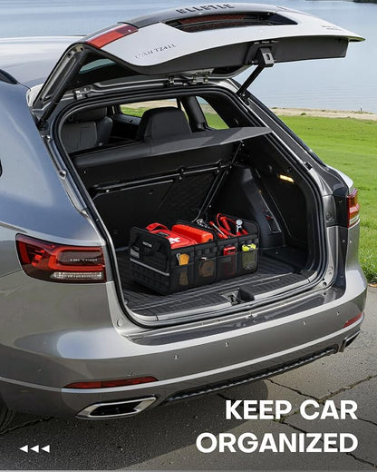 HOTOR Tactical Car Trunk Organizer - Foldable Trunk Organizer for SUV with Front MOLLE Pocket & Reflective Strips, Essential Car Accessories for Tools & Outdoor Storage, 12.8" x 21.7" x 11.0", Black