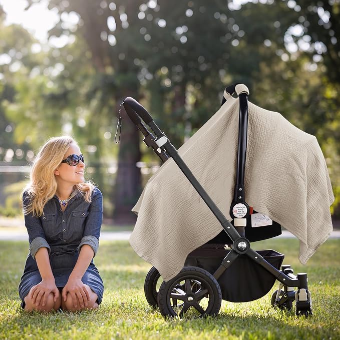 Metplus Muslin Car Seat Cover for Babies, 100% Cotton Breathable Infant Carseat Canopy for Summer, Lightweight Stroller Sunshade Covers for Newborns (Cereal)