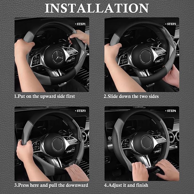 CAR PASS Faux Leather Steering Wheel Cover and Waterproof Car Floor Mats,Universal Car Combo Fit for 95% Sedan,SUV,Cars,14.5-15inch Sporty Anti-Slip Safety Comfortable Design(Black＆Gray)