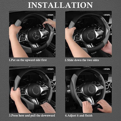 CAR PASS Faux Leather Steering Wheel Cover and Waterproof Car Floor Mats,Universal Car Combo Fit for 95% Sedan,SUV,Cars,14.5-15inch Sporty Anti-Slip Safety Comfortable Design(Black＆Gray)