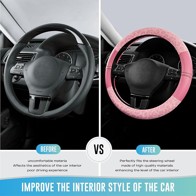 Road Comforts Leopard Steering Wheel Cover for Women, Cute Anti-Slip Microfiber Leather, Universal Fit 14.5-15 Inch Round Steering Wheel - Full Pink