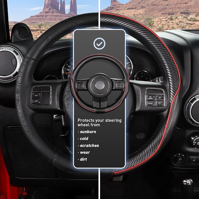SEG Direct Car Steering Wheel Cover Large-Size for F150 F250 F350 Ram 4Runner Tacoma Tundra Range Rover with 15 1/2"-16" Outer Diameter Leather with Carbon Fiber Pattern Black and Red