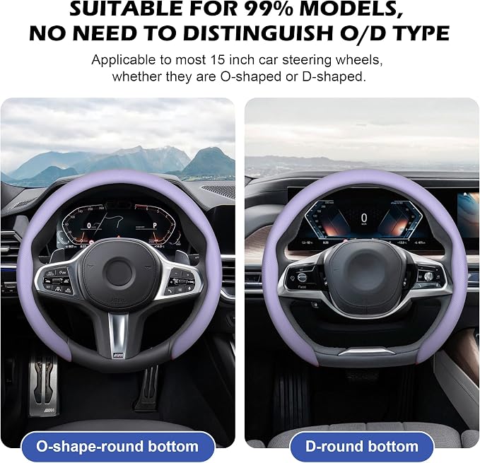 Frani Nappa Leather Steering Wheel Cover,Universal Fit 15 Inch-Premium Non-Slip Breathable Comfort Grip for Cars Trucks SUVs,Anti-Slip Durable Interior Upgrade Light Purple