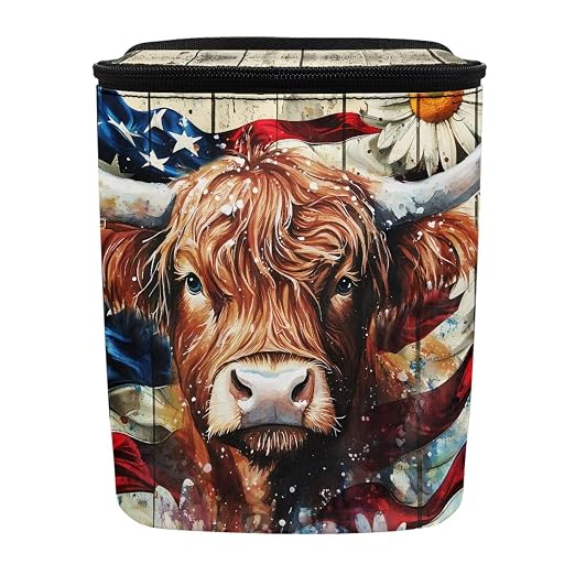 Talayituse Highland Cattle Daisy Print Car Trash Can with Lid, American Flag Wood Leak Proof Auto Trash Bag Hanging Vehicle Garbage Can Multipurpose Storage Container for Back Seat Road Trip
