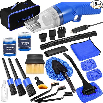 18PCS Car Cleaning Kit, Car Interior Detailing Kit with Blue High Power Handheld Vacuum, Detailing Brush Set, Windshield Cleaner, Cleaning Gel, Complete Auto Accessories for Men, Women