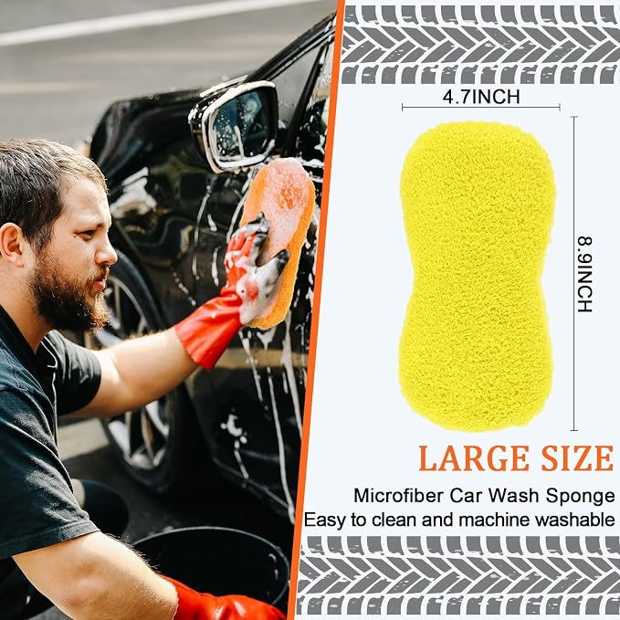 Tanlade 2 Pcs Large Car Wash Sponge for Cleaning, The Microfiber Sponges for Car Washing Supplies, Trucks and Motorcycles (Orange,Yellow)