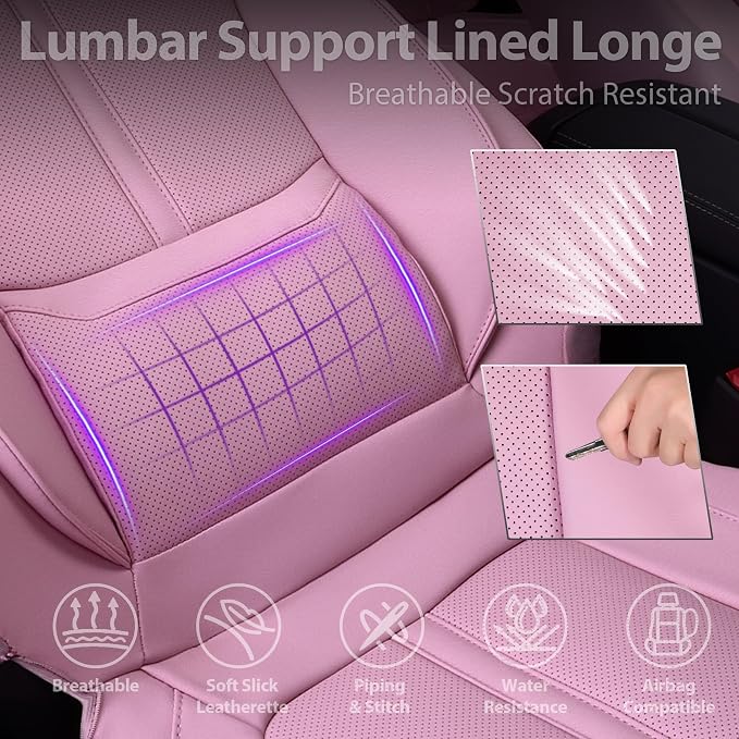 CAR PASS Pink Leather Seat Covers Full Set, Water Resistant 3D Foam Faux Leather Seat Cover, Luxury Comfort Automotive 5 Seat Covers Cute for Women Girly, Universal Fit SUV, Vans, Trucks, All Pink