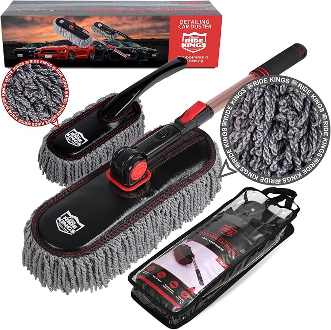 Car Duster Exterior with Extendable Handle, Scratch Free Auto Wash Brush Mop, Interior Detailing Kit for Truck RV Boat - Microfiber Duster & Interior Brush, Grey