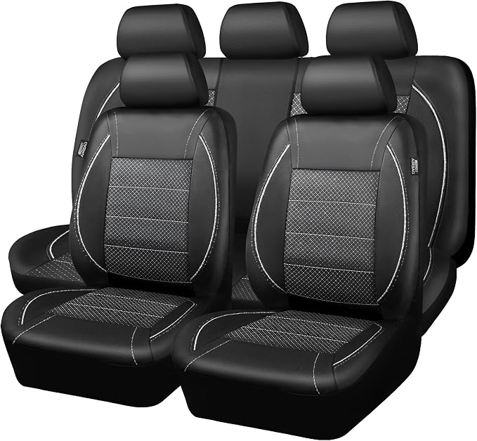 CAR PASS Piping PU Leather Car Seat Cover Full Set, Inside Zipper Design and Reserved Opening Holes, Airbag Compatible,Universal FIT for Car, SUVs,Van,Trucks（Full Set, Black & Silver