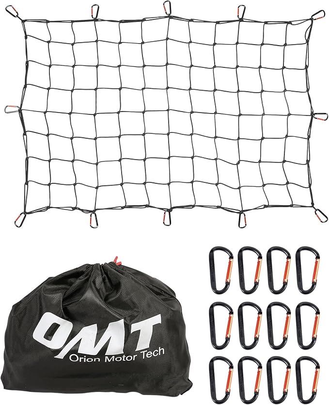 Orion Motor Tech Heavy Duty Cargo Net, 3' x 4' Bungee Cord Net Stretches to 6' x 8' for Pickups SUVs Vans Semis, Truck Bed Roof Rack Trailer Netting with Handmade Knotting 12 Carabiners Storage Bag