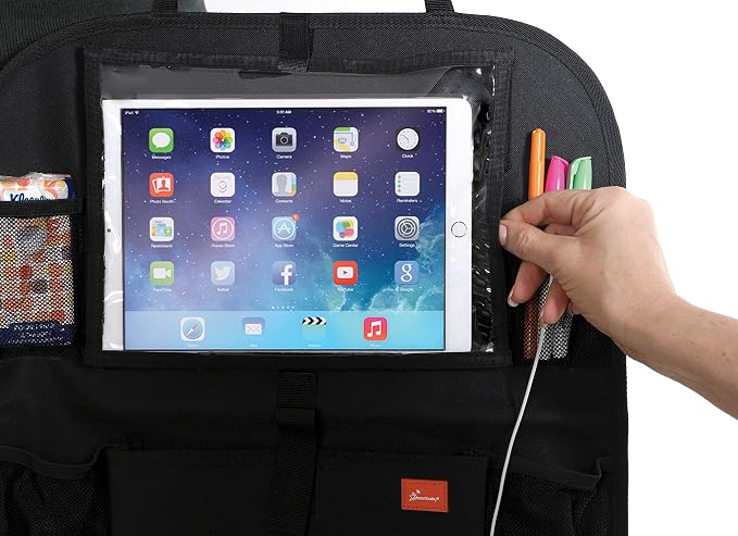 Dreambaby Backseat Car Organizer & Storage - Back Seat Protector - with 4 Mesh Pocket & Toy Pouch - Suits Tablet Screen Size up to 10.5 Inch/ 26.7cm - Black - Model L1216