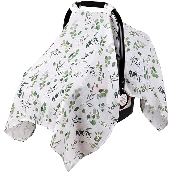 Rquite Car Seat Cover Baby for Boys Girls, 100% Muslin Cotton Infant Carseat Canopy, Soft Breathable Stroller Sun Shade & Newborn Shower Gift, Large Size Universal Fit Summer, Hot & Warm Weather