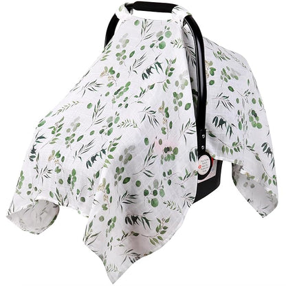 Rquite Car Seat Cover Baby for Boys Girls, 100% Muslin Cotton Infant Carseat Canopy, Soft Breathable Stroller Sun Shade & Newborn Shower Gift, Large Size Universal Fit Summer, Hot & Warm Weather