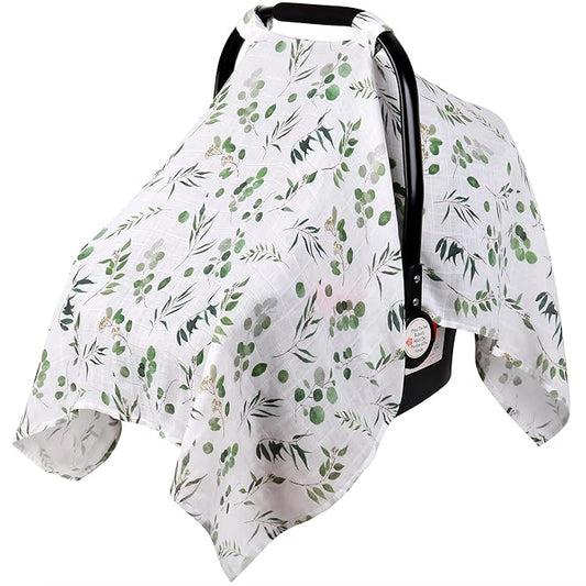 Rquite Car Seat Cover Baby for Boys Girls, 100% Muslin Cotton Infant Carseat Canopy, Soft Breathable Stroller Sun Shade & Newborn Shower Gift, Large Size Universal Fit Summer, Hot & Warm Weather