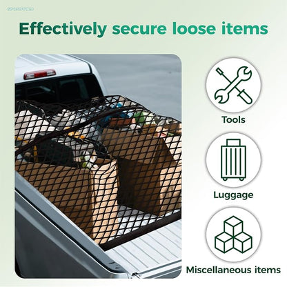 Stretchable Cargo Net with Hooks(6' x 4' Stretches to 12'x8') - Adjustable Elastic Trunk and Truck Bed Storage Organizer for Cars and Trucks, Ideal for Securing Light Loads, Easy to Install