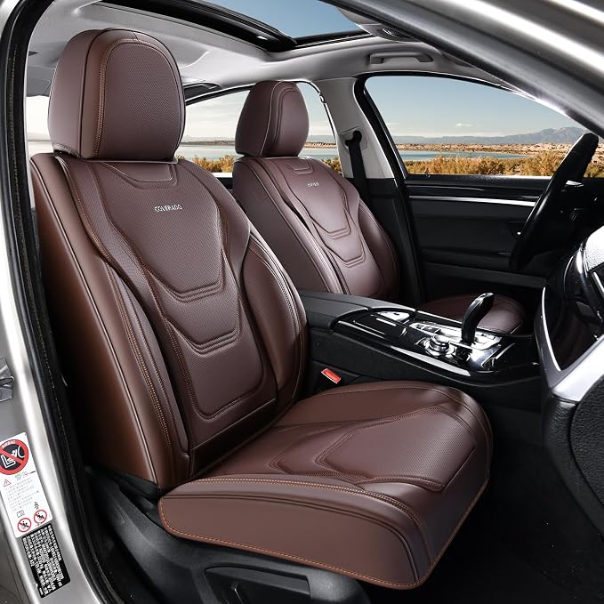 Coverado Car Seat Covers Full Sets, 5 Piece Car Seat Protector Waterproof Leather Seat Cushion Universal Fit for Truck Automotive Vehicles Brown