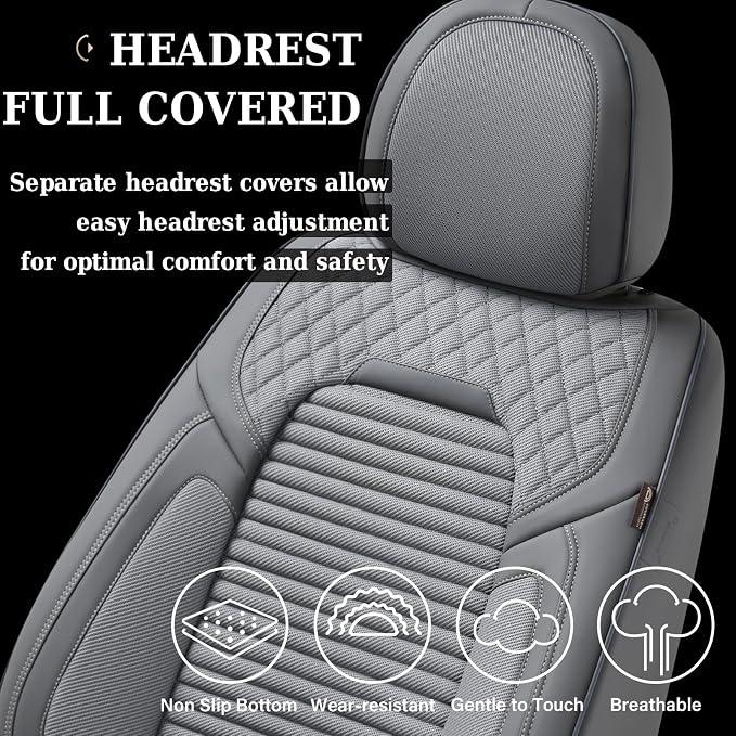 Coverado Car Seat Covers Full Set, Leather Seat Covers for Cars, Automotive Seat Cover Car Accessories Universal Fit for Most Cars SUV Trucks(Gray)
