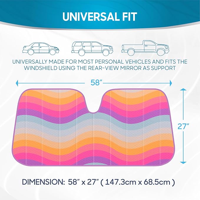 BDK Retro Wave Automotive Windshield Sunshades Accordion Folding Style - Windshield Sun Shade Auto Shade for Cars Trucks SUVs Vans Sun Visor Protector to Block UV Rays - Keeps Vehicle Cool 58' x 27'