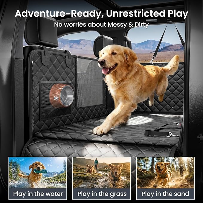 REEVAA 2.0 Hard Bottom Back Seat Extender for Heavy-Duty Dogs, Dog Truck Seat Cover with Cushion Sponge, Waterproof Dog Hammock with Mesh Window for Car, Universal Fit for Crew Cab Truck/SUV, XL Black