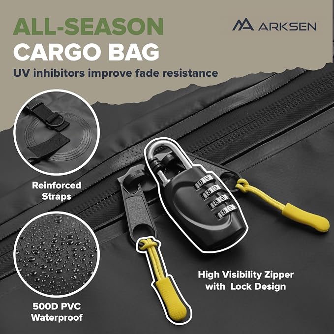 ARKSEN Roof Top Luggage Storage Bag for 64" x 39" Roof Baskets Waterproof 21.5 Cubic Feet (62.2" L x 33.07" W x 18.11" H) with 10 Straps Anti-Slip Mat 6 Door Hooks for All Vehicles with/Without Rack