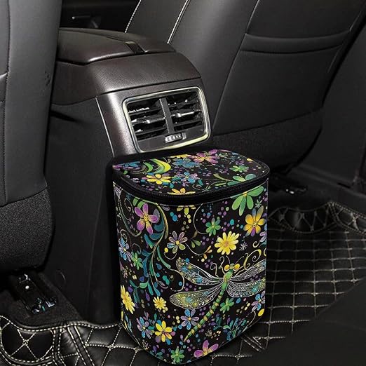 Dragonfly Boho Floral Print Car Trash Can with Lid and Zipper Portable Foldable Garbage Can Bag Hanging for Headrest Leakproof Organizer and Storage Bag Car Interior Accessories