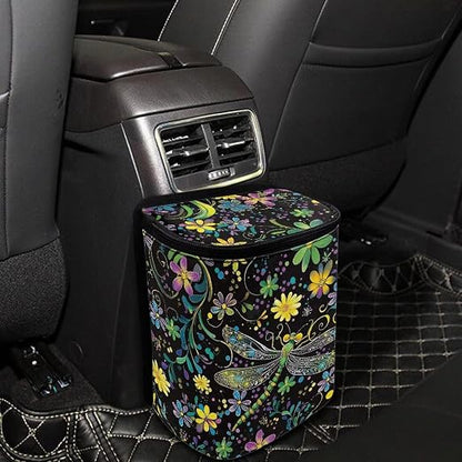 Dragonfly Boho Floral Print Car Trash Can with Lid and Zipper Portable Foldable Garbage Can Bag Hanging for Headrest Leakproof Organizer and Storage Bag Car Interior Accessories