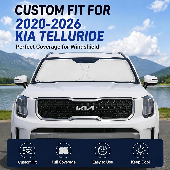 Custom Fit Windshield Sun Shade for Kia Telluride 2020-2026 | Custom Fit Windshield Cover, Blocks UV Rays, Double-Layer Heat Shield, Durable Frame, Easy Fold & Storage