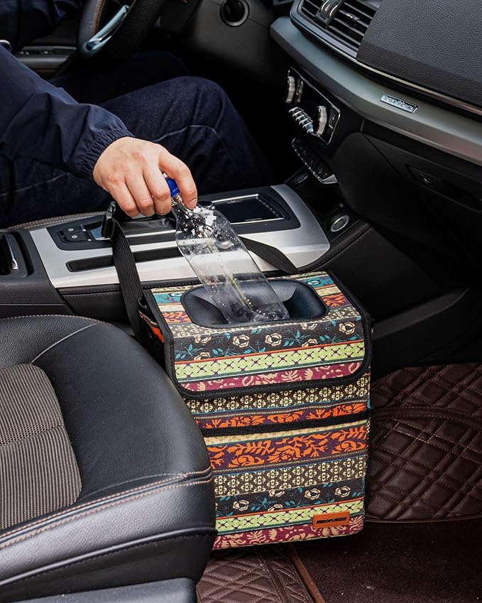 SIBOFUEGO Car Garbage Can Cute - Leak-Proof Car Trash Can with Lid and Storage Pockets, Car Trash Bin for Men and Women, Boho Aztec Essentials: Must-Have Car Interior Accessories (Boho Carnival)