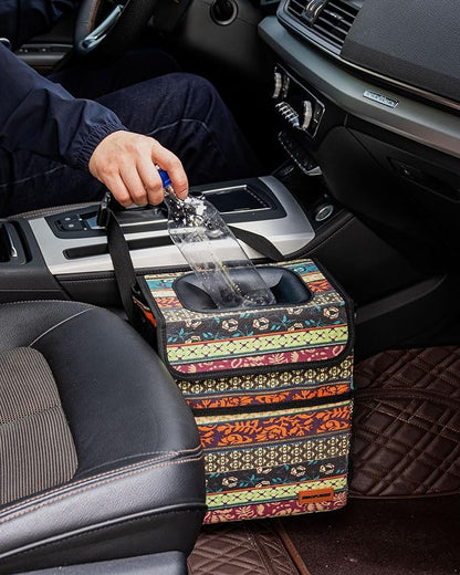SIBOFUEGO Car Garbage Can Cute - Leak-Proof Car Trash Can with Lid and Storage Pockets, Car Trash Bin for Men and Women, Boho Aztec Essentials: Must-Have Car Interior Accessories (Boho Carnival)