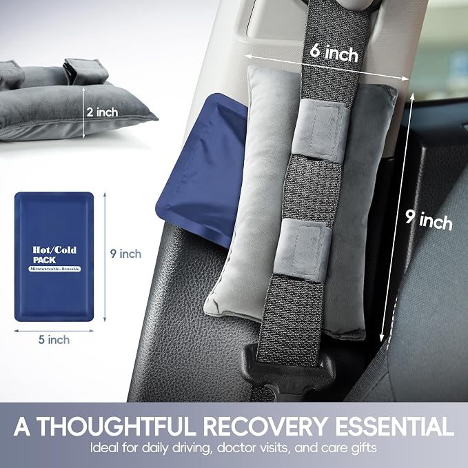 Post Surgery Seat Belt Pillow with Ice Pack, Seatbelt Cushion for Mastectomy, Heart Surgery, C-Section & Hysterectomy Recovery, Chemo Port Protector, Seatbelt Pad with Pocket (Grey)