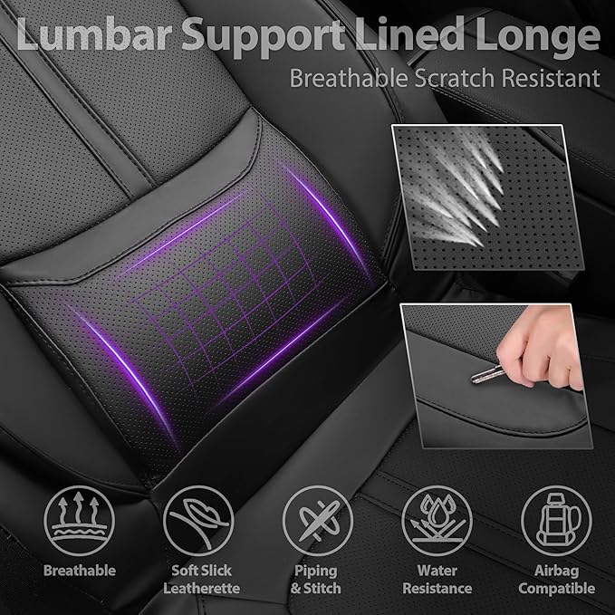 CAR PASS Nappa Leather Car Seat Covers Full Set, Water Resistant 3D Foam Faux Leather Seat Covers with Lumbar Support, Automotive Seat Covers 5 Seats Comfort & Universal Fit for Cars SUV Truck, Black