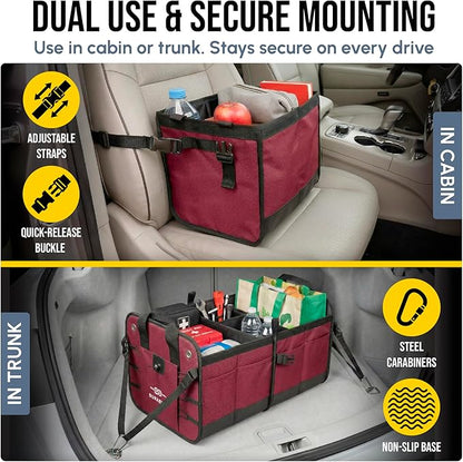 4-Section Trunk Organizer for SUV, Truck, Van, Sedan – Modular Extra Large Cargo Bin, Detachable Car Trunk Storage with Dividers, Collapsible Auto Organization System – Cherry