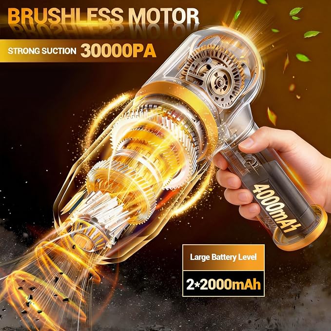 Cozylady Cordless Car Vacuum Cleaner, 30000PA Brushless Handheld Vacuum, 6-in-1 Rechargeable & Portable Handheld Vacuum Cleaner for Auto Interior, Pet Hair, Home, Office, Kitchen