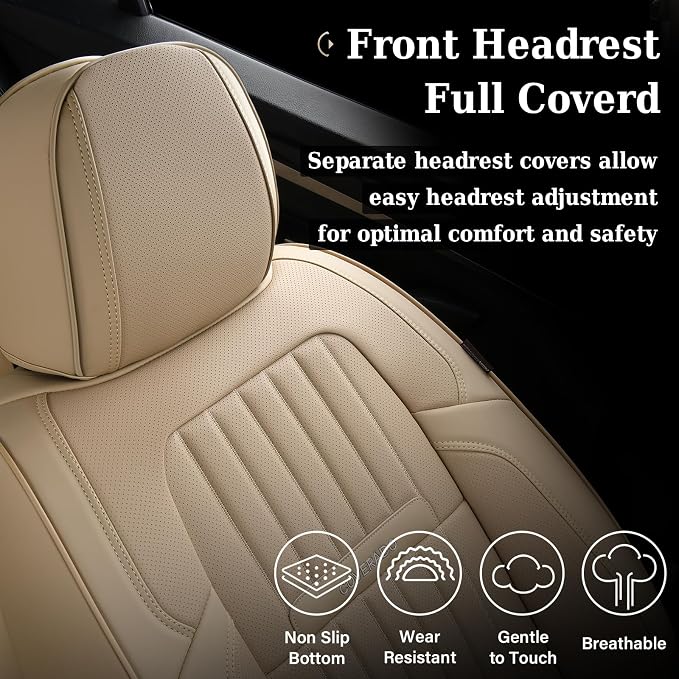Coverado Front and Back Seat Covers for Cars, Automotive Seat Covers for Trucks, Nappa Leather Car Seat Covers, 5 Seats Waterproof Carseat Protector Car Seat Cover Beige, Universal Fit for Most Cars