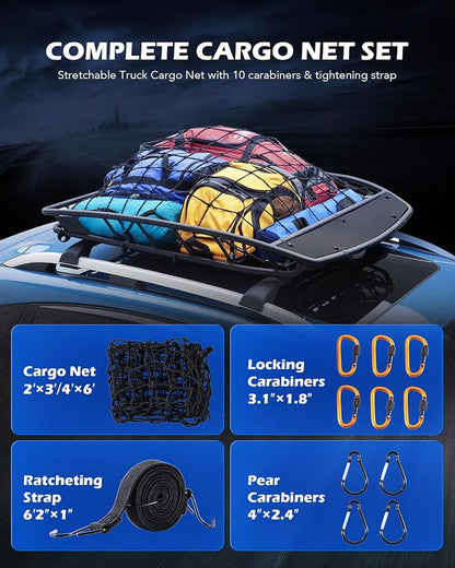 Orion Motor Tech 2'x3' Small Cargo Net with 2"x2" Small Mesh, 4x6 Foot Max Size Cargo Net for SUV Roof Rack Cargo Basket Net with Locking Carabiners, Ratchet Strap, Roof Rack Net