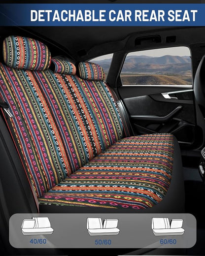 Baja Saddle Blanket Car Seat Covers Full Set with Seat Belt Pads and Steering Wheel Cover, Washable Breathable Striped Woven Cloth Seat Covers for Cars, SUV, Truck, Large Size(Orange)