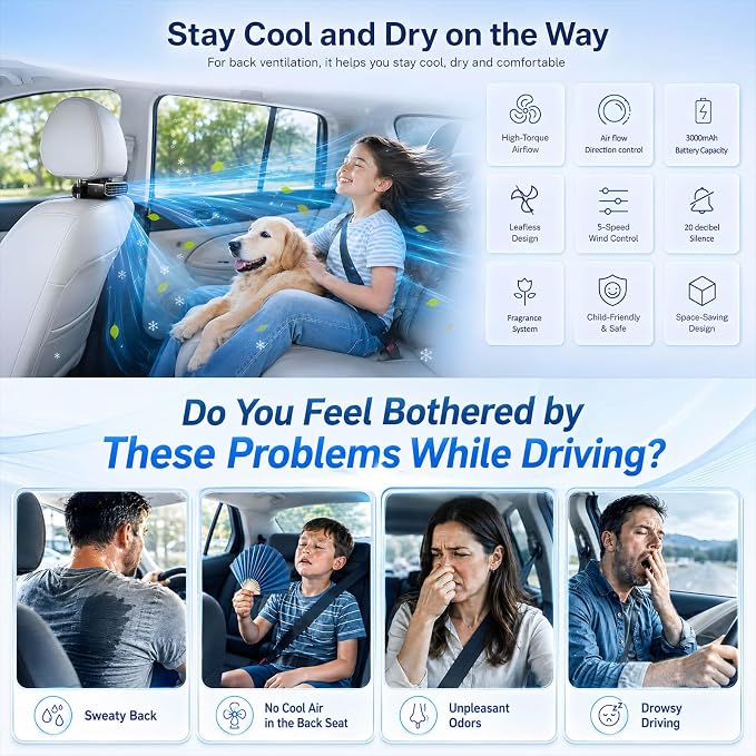 2026 New 5 Speed Car Seat Fan for Baby Rear Facing, Ultra-Quiet Portable Car Fans for Backseat For Kids, Portable Car Ac Fan with Fragrance Cooling for Almost Vehicle Jeep Van Rv Truck 1 PCS