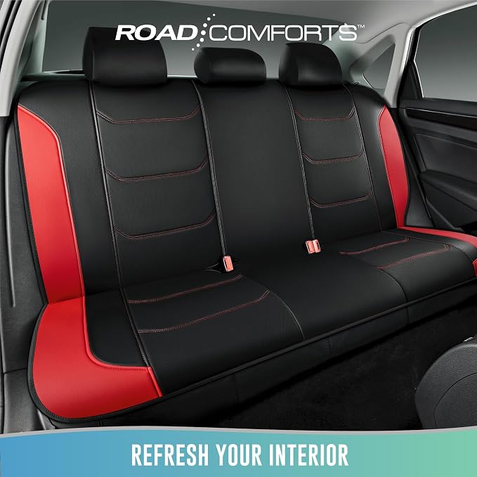 Road Comforts Seat Covers, Premium Leather Car Seat Covers Full Set,Airbag Compatible, Automotive Seat Covers Universal Fit Most Cars,Vans,Truck,SUV, Red