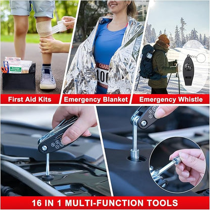 Car Roadside Emergency Kit - Car Emergency Kit with Jumper Cables, Tow Rope, Folding Shovel, Safety Hammer, Reflective Warning Triangle, Car Safety Kits for Men, Women, Teenagers