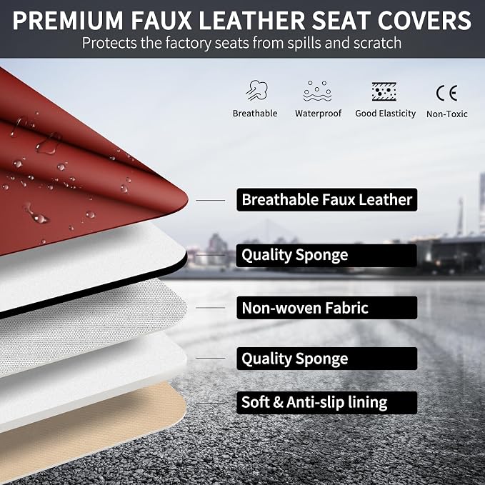 Red Seat Covers for Cars, 2Pcs Universal Leather Car Seat Covers Front Seats, Full Coverage Automotive Seat Covers for Most Sedans Trucks SUVs, Waterproof Breathable Car Seat Cover