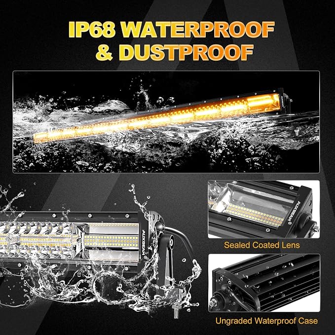 Auxbeam 50 Inch LED Light Bar, 288W Curved Amber White Strobe Lights, 6 Modes Spot Flood Combo Beam Fog Memory Reset Function Driving Light with Wiring Harness Kit for Car Jeep Off Road SUV UTV ATV